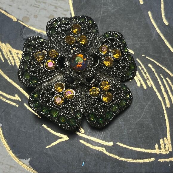 Vintage Sparkling AB Stone Green Enamel Yellow and Pink Silver Flower Brooch D3 - Picture 7 of 8